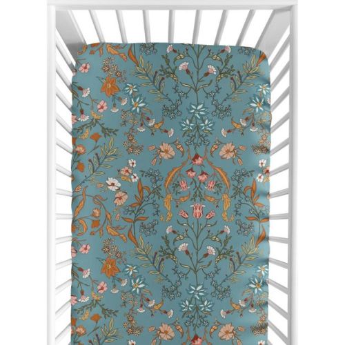 Sweet Jojo Designs Girl Baby Fitted Crib Sheet Boho Floral Wildflower Blue and Orange