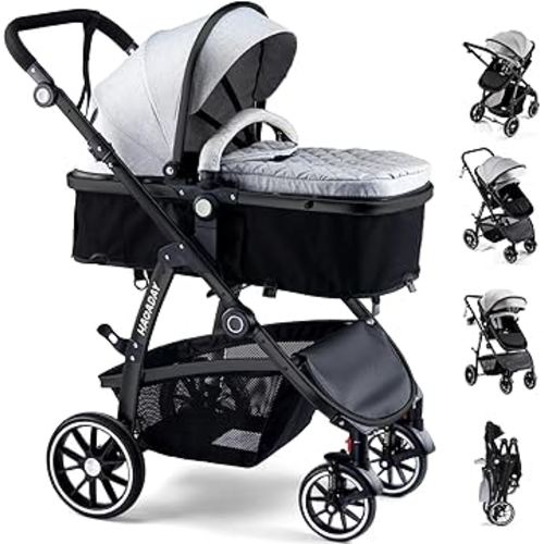 Baby Stroller, 2-in-1 Reversible ToddlerSeat with Lie-Flat Mode, Foldable Infant Stroller with Canopy, One Button Brake, Adjustable Handle, Newborn Pushchair (Gray B)