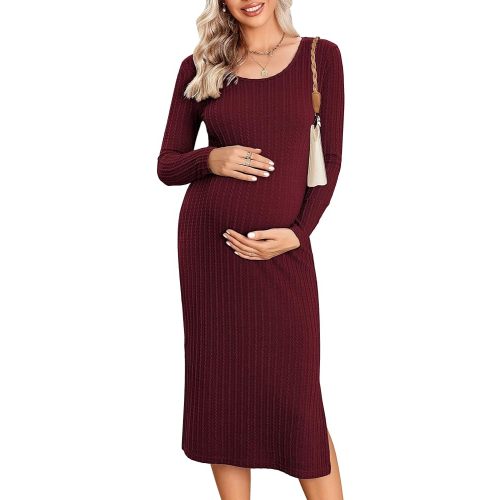 Ekouaer Maternity Dress Rib Knit Long Sleeve Side Slit Bodycon Dresses Pregnancy Baby Shower Clothes S-XXL