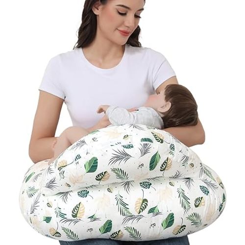 Nursing Pillow for Breastfeeding, Breastfeeding Essentials for Newborn, More Support for Mom and Baby, with Adjustable Waist Strap and Removable Cotton Cover (Green Leaves)