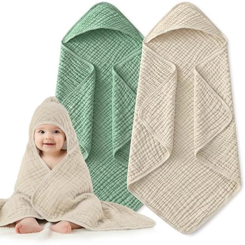 Hooded Baby Bath Towels for Newborn, 2 Pack - 6-Layer 100% Muslin Cotton, Soft Absorbent Baby Towels with Hood for Babies, Infants & Toddlers, Large 32x32 Inch Unisex Newborn Baby Bath Essentials