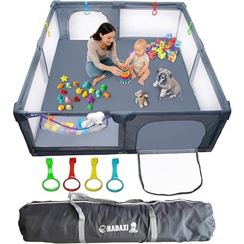 Baby Playpen 71x59 Inch Large Playpen for Babies and Toddlers Baby Playard with Zipper Gates Safety Fence Play Pen Play Yard with Soft Breathable Mesh Indoor & Outdoor Kids Activity Center Dark Gray