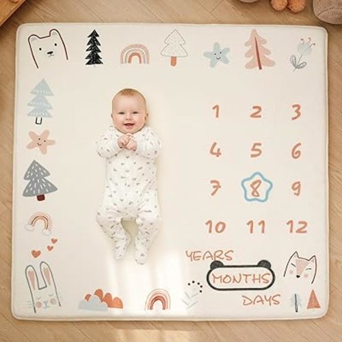 1.3" Thick Playmat for Floor, 50 x50 Monthly Milestone Mat, Padded Support Soft Plush Nursery Mats for Crawling Kick Activity, Flannel Photography Background Prop for Boys Grils