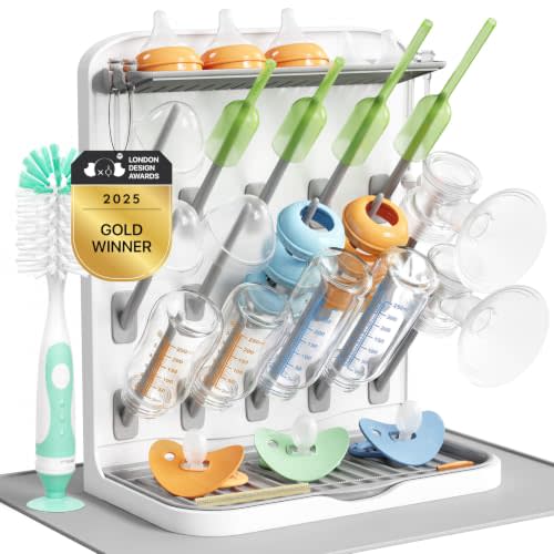 Lifewit Large Baby Bottle Drying Rack with Drain Mat, Brush & 15 Hooks, Newborn Essentials Must Haves, Bottle Storage Organizer for Countertop, Cabinet, Rack Dryer Holder for Pacifiers, Pump Parts