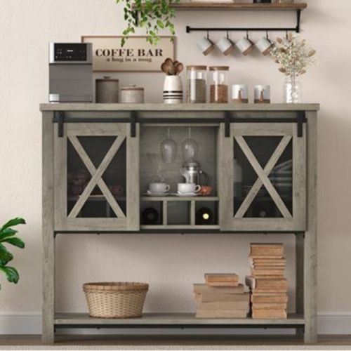 60" Farmhouse Coffee Bar & Wine Cabinet with Sliding Barn Doors - Rustic Sideboard with Built-in Wine Racks, Open Shelves