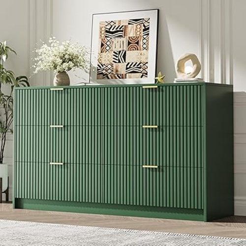 Green 6 Drawer Dresser for Bedroom, 55" Wide Modern Chest of Drawers with Gold Metal Handles, Fluted Wood TV Stand for Living Room, Hallway