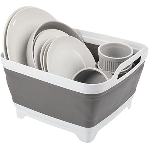 Wakeman Collapsible Wash Basin - 9L Portable Sink with Drain - Plastic Tub Dish Pan for Camping, Handwashing Laundry, or Dishes Outdoors (Gray)