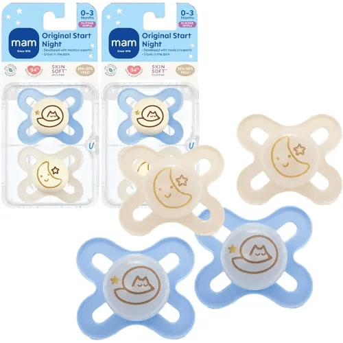 MAM Original Start Night Baby Pacifiers, Binky for 0-3 Months, BPA-Free Silicone Nipple, Easy to Clean, Best for Newborn Babies, Developed with Medical Experts, 4 Count Binkies with Sterilizer Case