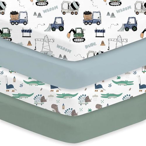 Little Grape Land Crib Sheets 4 Pack for Boys and Girls, Baby Neutral Crib Fitted Sheets for Standard Crib & Toddler Mattress, Super Soft Breathable Fitted Crib Sheet Set, Truck & Alligator