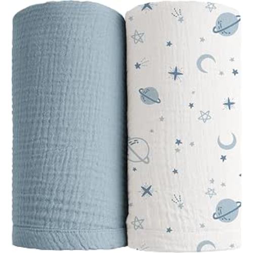 Konssy Muslin Swaddle Blankets for Girls Boys 2 Pack, 100% Cotton Receiving Baby Blanket Large 47 x 47 inches, Soft Breathable Swaddling Wrap for Unisex Newborn (Star,Blue)