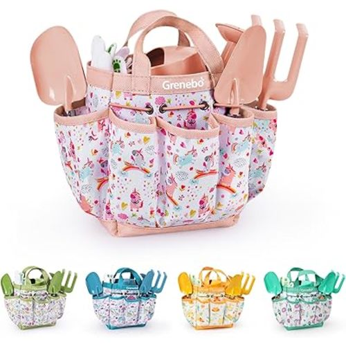 Kids Gardening Set Toys, Quality Garden Tool Kit for Kids and Toddlers, Includes Two Shovels, Garden hat,Rake, Apron,Gloves, Watering Can, and Tool Bag (Pink)