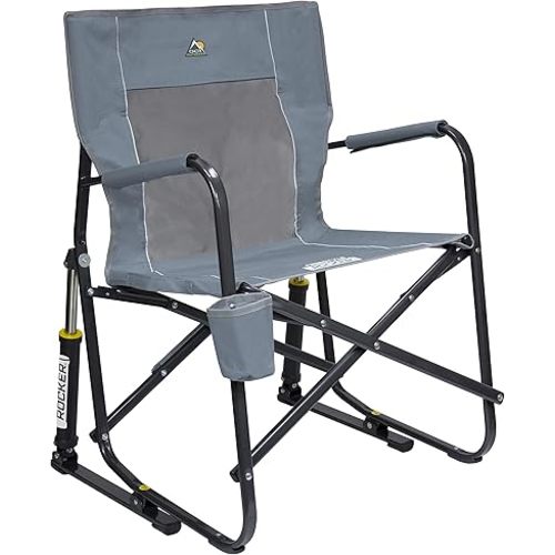 GCI Outdoor Freestyle Rocker Camping Chair | Portable Folding Rocking Chair with Solid, Durable Armrests, Drink Holder & Comfortable Backrest — Grey