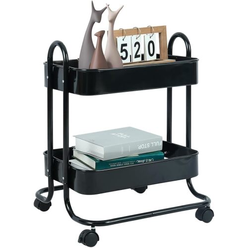 Melody House 2 Tier Metal Mesh Utility Rolling Cart Storage Organizer with Lockable Wheels for Office Kitchen Living Room Laundry Bathroom Black