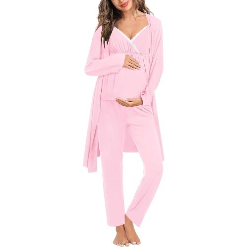 SWOMOG Maternity Nursing Robe Set 3 Piece Breastfeeding Pajamas 3 in 1 Labor Delivery Sleevless Tops&Long Pants Pregnancy Pjs