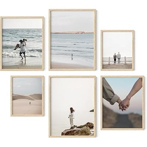 HAUS AND HUES Natural Wood Picture Frames - Set of 6 Frame Sets for Wall Collage, Gallery Wall Frame Set Assorted, Picture Frame Sets for Wall Collage (Two 8x10, Two 11x14, Two 12x16 Beige Frame)