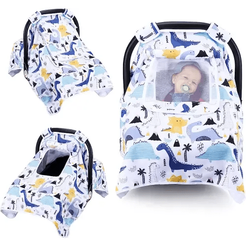 THE KENKYO Car Seat Covers for Babies, Baby Car Seat Cover for Girls Boys, Kick-Proof Newborn Carrier Canopy with Breathable Mesh Peep Window, Windproof Stroller Cover for All Seasons