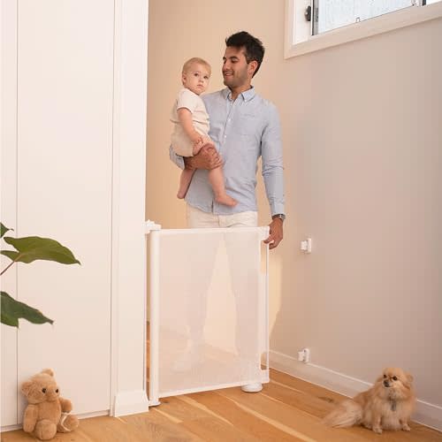 Retractable Baby Gate Perma Child Safety 33" Tall x 55” Wide, Mesh, for Stairs, Doorways, Dogs, Pets, Indoor, Outdoor, One-Handed Operation, Locking, Easy Install, Hardware Mount, White