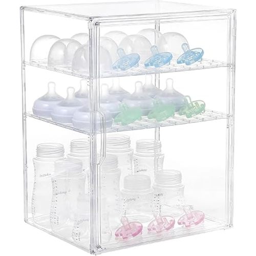 3-Tier Clear Baby Bottle Organizer, Stackable Acrylic Storage with Drawer for Countertop Cabinet Storage Station Case Box Container for Nipples Pump Parts Food Jars