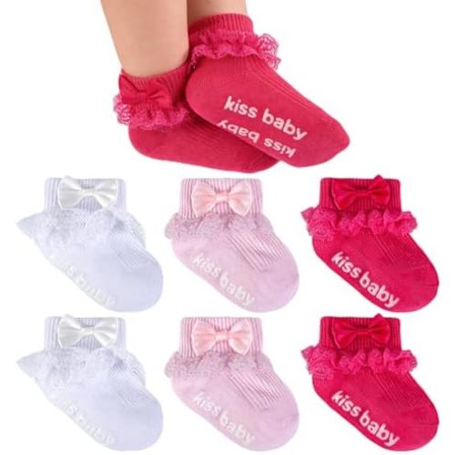 Baby Girl Ruffle Socks with Grips Turn Cuff Ankle Lace Frilly Dress Bow Socks for Newborn/Infant/Toddler/Little Kids