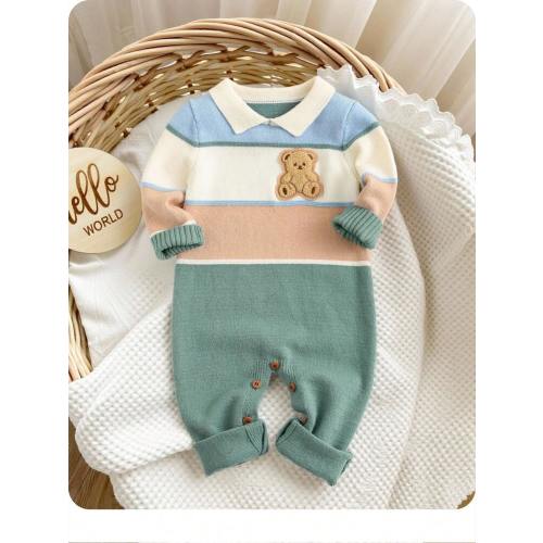 SHEIN Baby Boy Cute Color Block Cartoon Print Polo Collar Long Sleeve Sweater Jumpsuit, Fall Clothes | SHEIN USA
