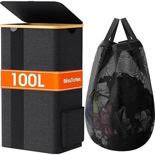 BlissTotes Laundry Basket with Lid, 100L Clothes Laundry Hamper with Handles and Removable Laundry Bag, Breathable Design Hamper with Lid for Bedroom, Bathroom, Dorm, Laundry Room - Dark Grey