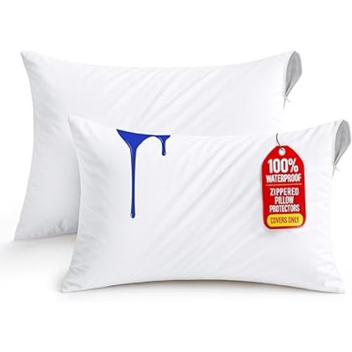 Utopia Bedding Waterproof Pillow Protectors Zippered King Size (2 Pack, White), Zippered Pillowcases, Bed Bug Proof Pillow Encasement Covers 20 x 38 Inches