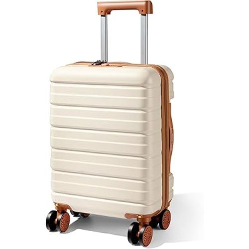 Lekesky 16 Inch Underseat Carry On Luggage Airline Approved, Small Hard Shell Suitcase with TSA Lock Spinner Wheels, Lightweight Personal Item Carry-On for Travel, Beige-Brown