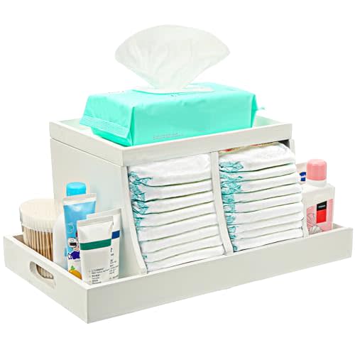Three colors Diaper Caddy Organizer, Wooden Diaper Organizer, Baby Nursery Organization Diaper Storage Organizer with Removable Dividers (white)