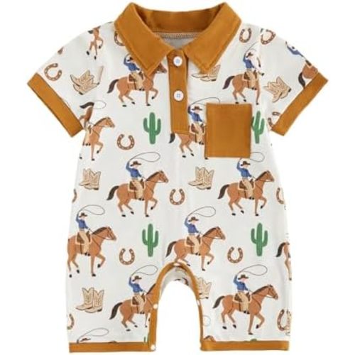 Sasaerucure Newborn Infant Baby Boy Summer Outfit Short Sleeve Button Down Romper One Piece Rodeo Onesie Western Clothes