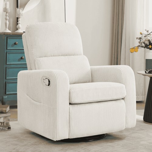Aemeios, Swivel Manual Recliner Chair, Corduroy Fabric, White