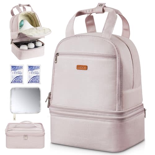 VEVOR Breast Pump Backpack, Breast Feeding Bag with Ice Pack, Compatible with Spectra S1/S2, Portable Pump Carrying Case for Breastmilk Storage, Work, Travel and Family Use, Light Pink
