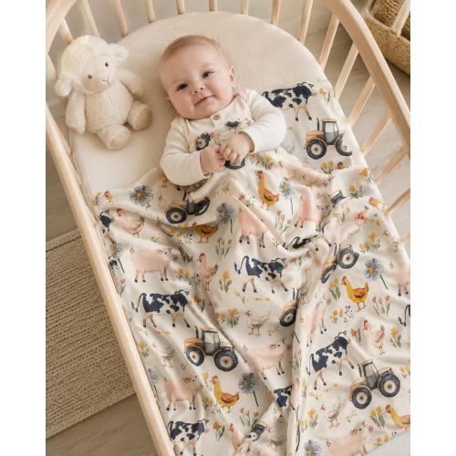 Farm Baby Blanket, Watercolor Tractor Cow Pig Chicken Nursery Swaddle (30x40)