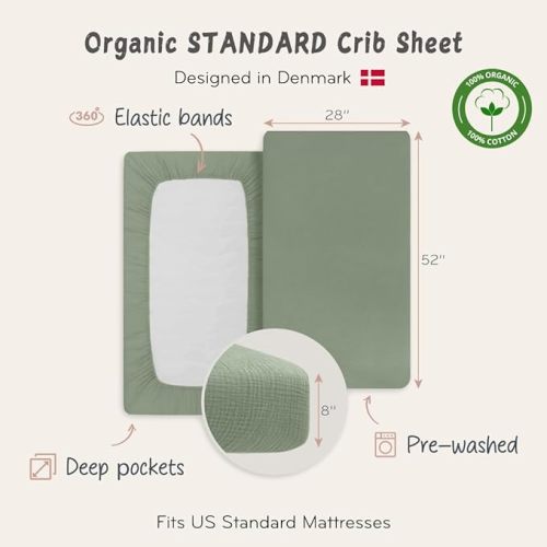 Crib Sheets – Organic Cotton Muslin Fitted Crib Sheet – Standard Size for Baby Boy and Baby Girl 28" x 52" Ultra-Soft and Breathable. (Roman Green)