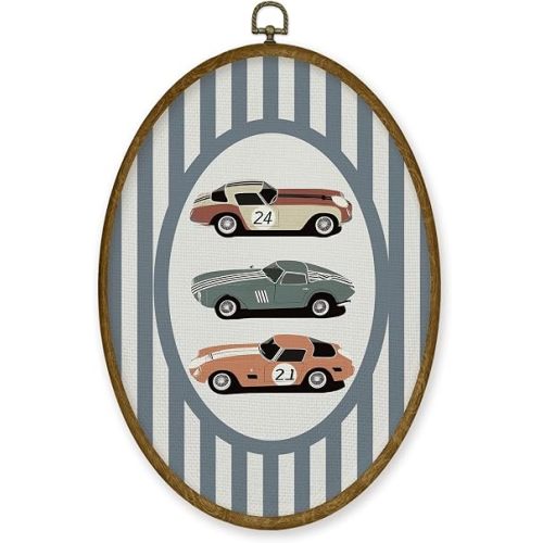 JMENGSSFL Vintage Race Car Oval Wall Art Decor, Boy Nursery Canvas Prints, Blue Striped Race Car Playroom Framed Wall Art for Kids Toddler Boy Nursery Room Bedroom Decor, 8.6x11.4 Inch