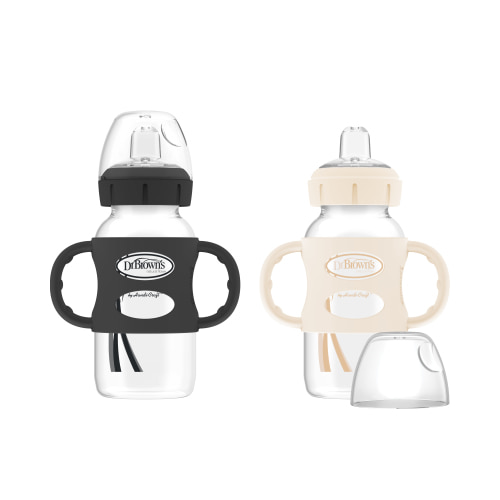 Dr. Brown’s Milestones Wide-Neck Sippy Bottle with Silicone Handles 9oz 270mL 6m+ Black and Ecru 2-Pack