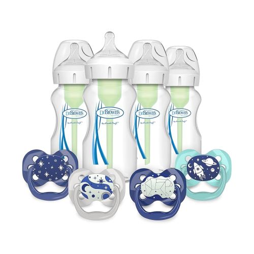 Dr. Brown’s Natural Flow® Anti-Colic Options+™ Wide-Neck Baby Bottle, 9 oz/270 mL, Level 1 Nipple, 4-Pack, 0m+ with Advantage Symmetrical Pacifier with Air Flow, Blue 4-Pack, 0-6m