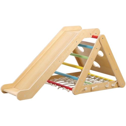 Open-Ended Wood Climber Set - 2-in-1 Developmental Triangle with Climbing Net & Slide