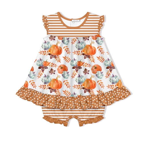 Millie Loves Lily Baby Girl Caramel Pumpkin Harvest Skirted Bubble Romper Jersey Knit size 12m