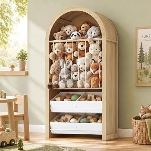 UPOSOJA 51.8" Tall Arched Toy Storage Cabinets, Oak Color