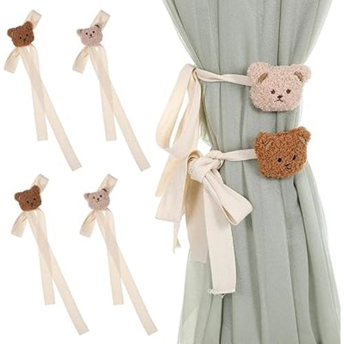 4Pcs Bear Nursery Decor Curtain Ties, Cute Cartoon Bear Curtain Tieback Holdback for House Bedroom Home Window Animal Tiebacks