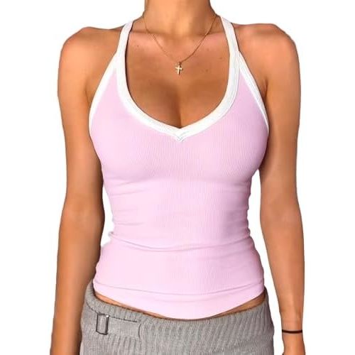 Danysu V Neck Racer Back Tank Top for Women Padded Ribbed Long Tank Fitted Basic Cami Tops