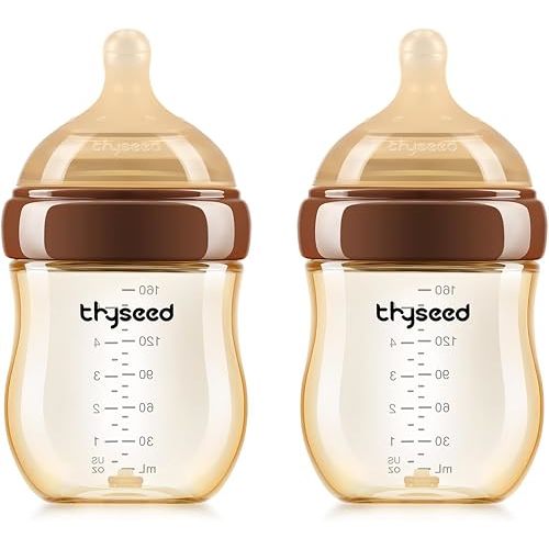 Thyseed PPSU Anti-Colic Baby Bottle, Breast-Like Medium Flow Nipple for Breastfed Babies (2m+), 5 oz/160 mL, 2 Pack