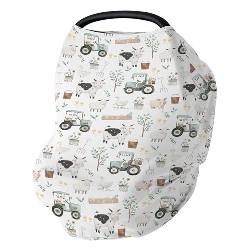 Boho Farm Animals Baby Car Seat Covers Lamb Cow Chicken Duck Tractor Tree Stretchy 5-in-1 Cover Adjustable Infant Carseat Canopy Cover Spring Farm Life Breathable Nursing Cover-Up