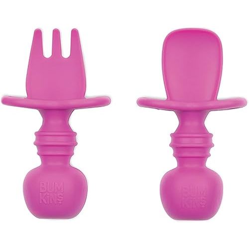 Bumkins Baby Utensils Set, Chewtensils Silicone Spoons for Dipping, Self-Feeding, Baby Led Weaning, Trainer Learning, First Stage Eating, Soft Practice Fork and Spoon, Babies 6 Months, Fuchsia