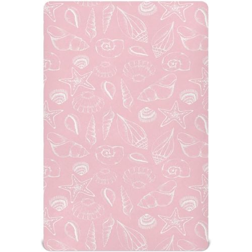 Pink Seashells Crib Sheets for Boys Girls, 52x28 Inch Soft and Breathable Pack n Play Sheets, Portable Mini Stretchy Cribs Sheets