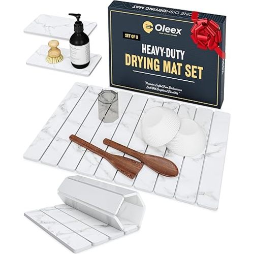 Oleex 3-Pack Stone Dish Drying Mat Set for Kitchen Counter-Collapsible Diatomaceous Earth Pad Absorbs Water & Dries Dishes Fast | Includes 1 Large 24”x16” & 2 Small 4”x9” Non-slip, Odor-Resistant Mats