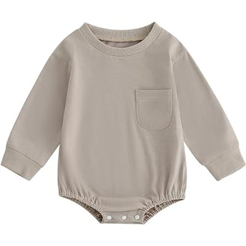 Hoanselay Plain Pocket Long Sleeve Romper Bodysuit - 6-12M