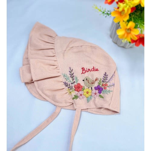 Hand Embroidered Linen Baby Bonnet, Custom Bonnet, Bird with Flower Bonnet,Personalized Embroidered Bonnet, Baby Sunbonnet,Neutral Baby Gift