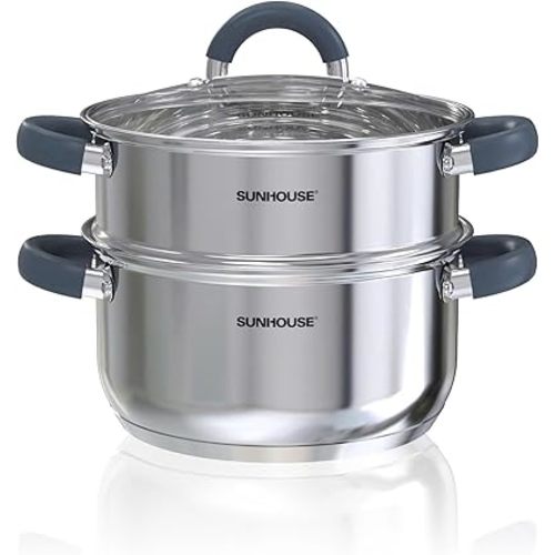 SUNHOUSE Stainless Steel Steamer Pot for Cooking - 3 QT Steaming Pot with Glass Lid & Steamer Basket - 2 Tier Tri-ply Base Vegetable Steamer with Stay-Cool Silicone Handles - Induction Compatible