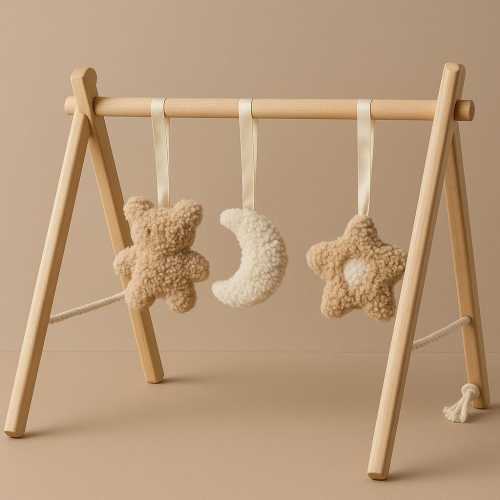 Handmade Baby Play Gym with Plush Toys | Wooden Activity Gym with Teddy, Moon & Star | Neutral Baby Shower Gift